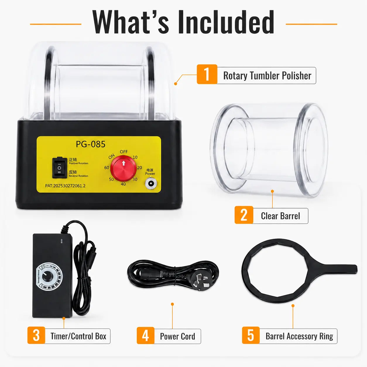 PG-085 rotary tumbler polisher what's included: 1x tumbler machine, 2x clear barrel, 3x timer and control box, 4x power cord, 5x barrel accessory ring, laid out on white background with numbered callouts