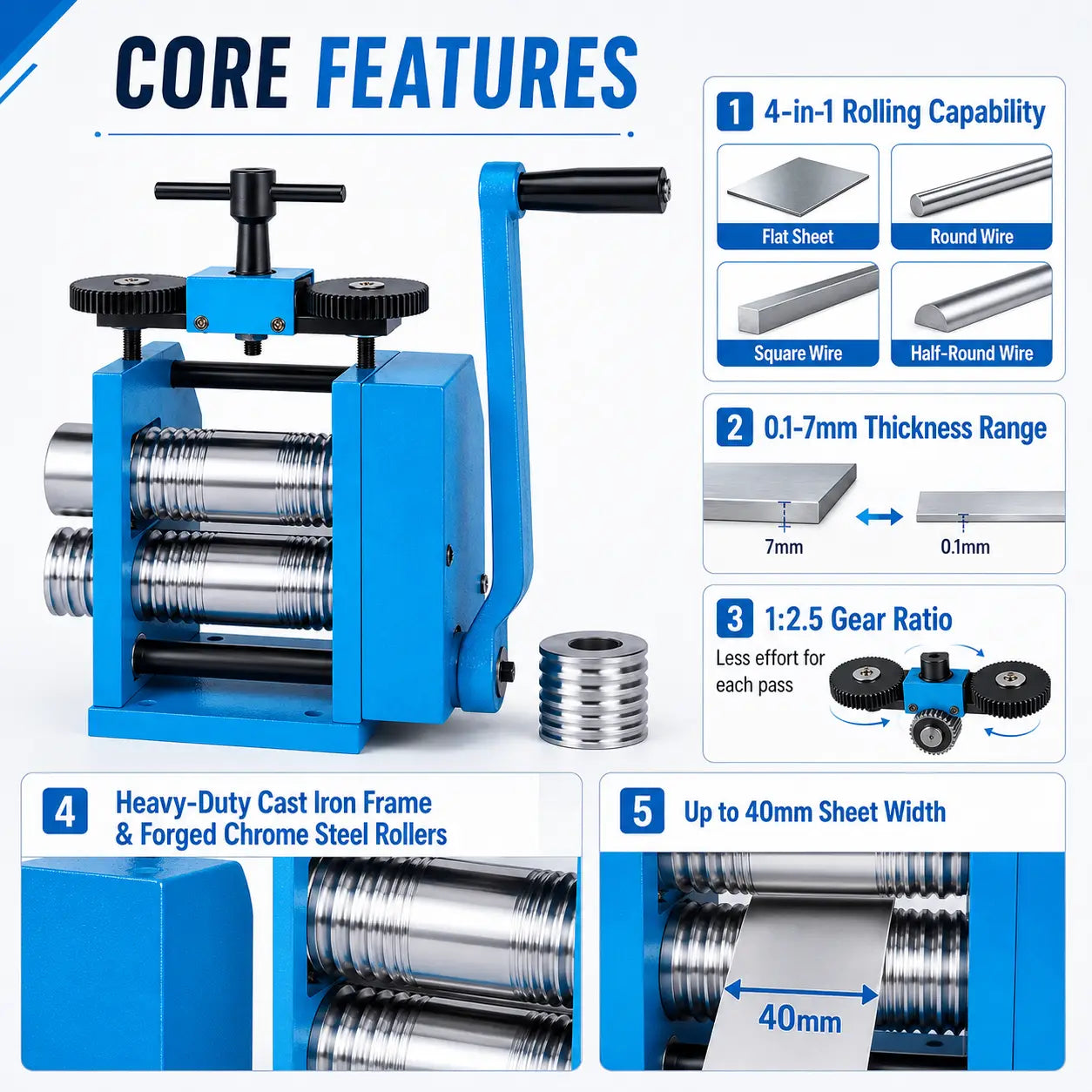 4-in-1 manual jewellery rolling mill core features: flat sheet, round wire, square wire and half-round wire rolling, 0.1-7mm thickness range, 1:2.5 gear ratio, cast iron frame and forged chrome steel rollers, 40mm sheet capacity