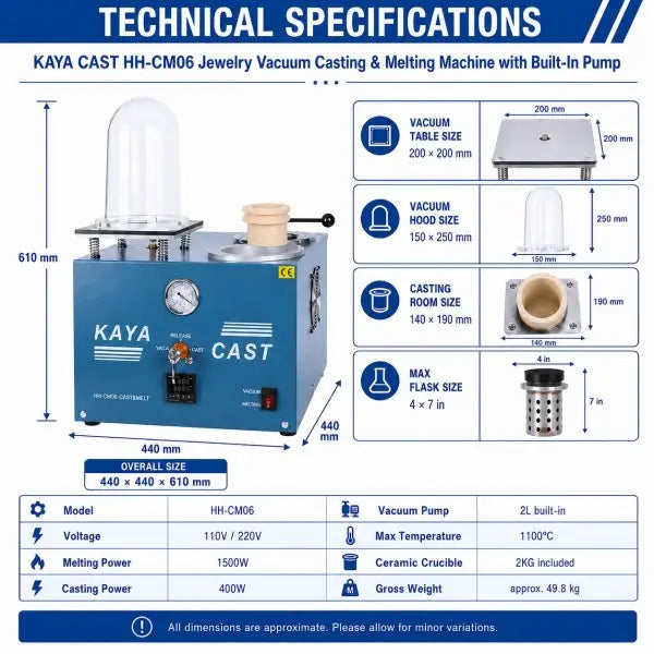 KAYA CAST HH-CM06 technical specifications showing overall size 440x440x610mm, vacuum table size 200x200mm, vacuum hood size 150x250mm, casting room size 140x190mm, max flask size 4x7in, voltage 110V/220V, melting power 1500W, casting power 400W, built-in 2L vacuum pump, max temperature 1100 degrees C, 2KG ceramic crucible included, and gross weight approximately 49.8kg
