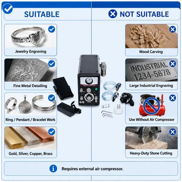 Suitable and not suitable applications: jewelry engraving, fine metal detailing, ring/pendant/bracelet work, gold/silver/copper/brass suitable; wood carving, large industrial engraving, use without air compressor, heavy-duty stone cutting not suitable