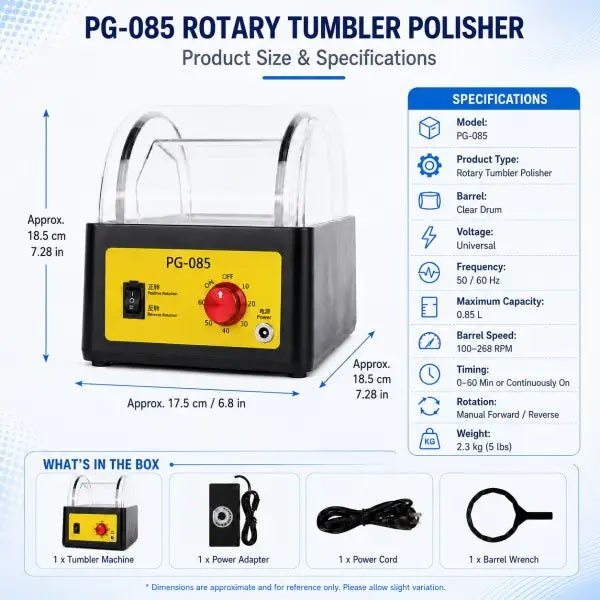 PG-085 Rotary Tumbler Polisher product dimensions approximately 185 x 175 x 185 mm with full specifications and box contents