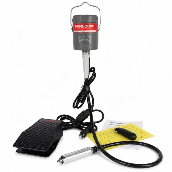 Foredom CC-30 hang-up flex shaft motor on white background showing full setup with motor flexible shaft handpiece foot pedal speed control and accessories