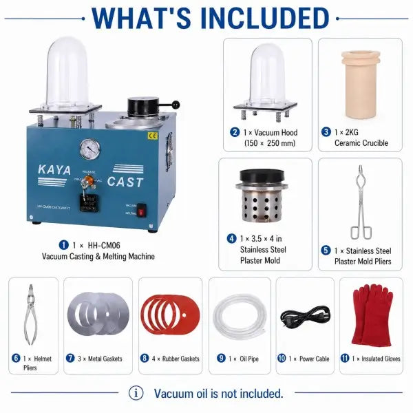 KAYA CAST HH-CM06 what's included: 1 HH-CM06 vacuum casting and melting machine, 1 vacuum hood 150x250mm, 1 2KG ceramic crucible, 1 stainless steel plaster mold 3.5x4in, 1 stainless steel plaster mold pliers, 1 helmet pliers, 3 metal gaskets, 4 rubber gaskets, 1 oil pipe, 1 power cable, and 1 pair of insulated gloves; vacuum oil is not included