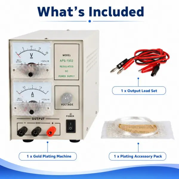 What's included with the 20V 2A jewelry gold plating machine - plating machine unit, output lead set with alligator clips, and plating accessory pack
