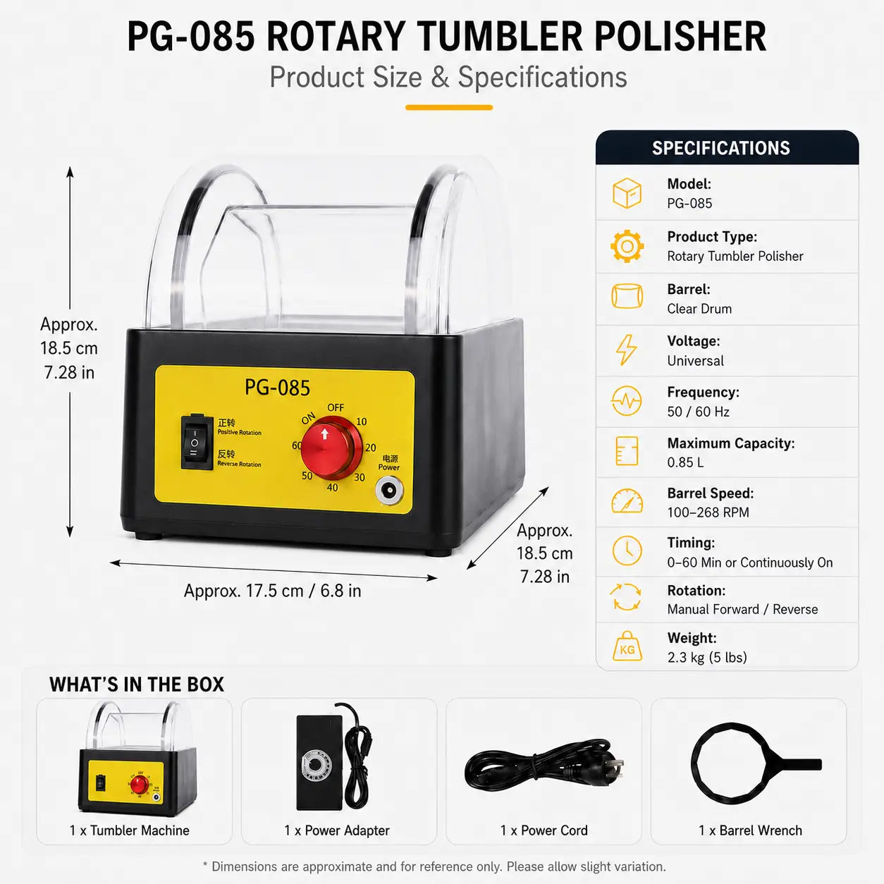 PG-085 rotary tumbler polisher product size and specifications diagram: 18.5x18.5x17.5cm, 2.3kg, universal voltage, 50/60Hz, 0.85L capacity, 100-268RPM barrel speed, 0-60 min timer, with package contents showing tumbler machine, power adapter, power cord, and barrel wrench