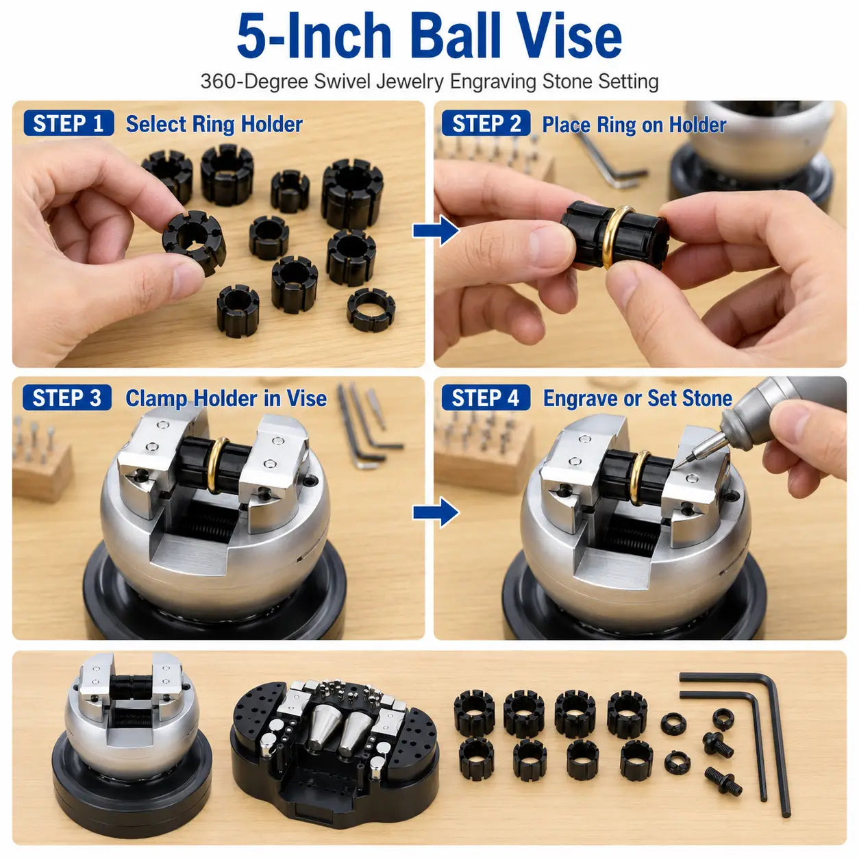 Musttool 5-inch ball vise 4-step setup guide: select ring holder size, place ring on holder, clamp holder in vise, then engrave or set stone; with package contents shown below
