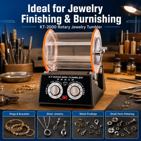 KT-2000 rotary jewelry tumbler on jewelry workbench showing applications for rings and bracelets silver jewelry metal findings and small parts polishing