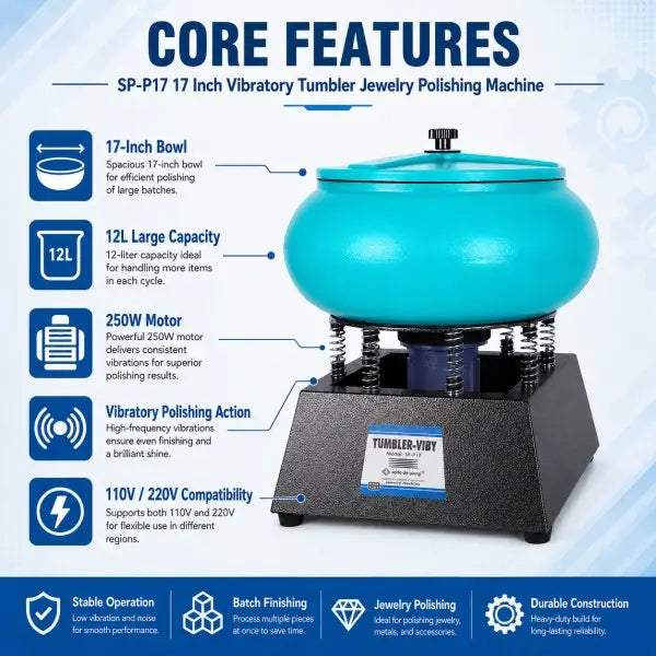 Core features infographic of SP-P17 vibratory tumbler showing 17-inch bowl, 12L capacity, 250W motor, vibratory polishing action, and 110V/220V compatibility