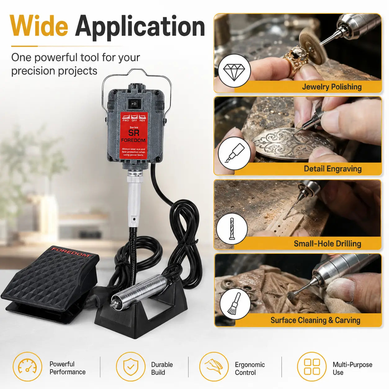 Flex shaft rotary tool wide application infographic showing jewelry polishing, detail engraving, small-hole drilling, and surface cleaning and carving with action photos