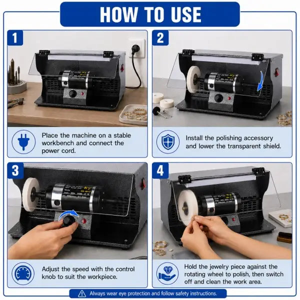 Four-step how-to-use guide for bench polisher: connect power, install polishing wheel and lower shield, adjust speed knob, and polish jewelry piece against rotating wheel