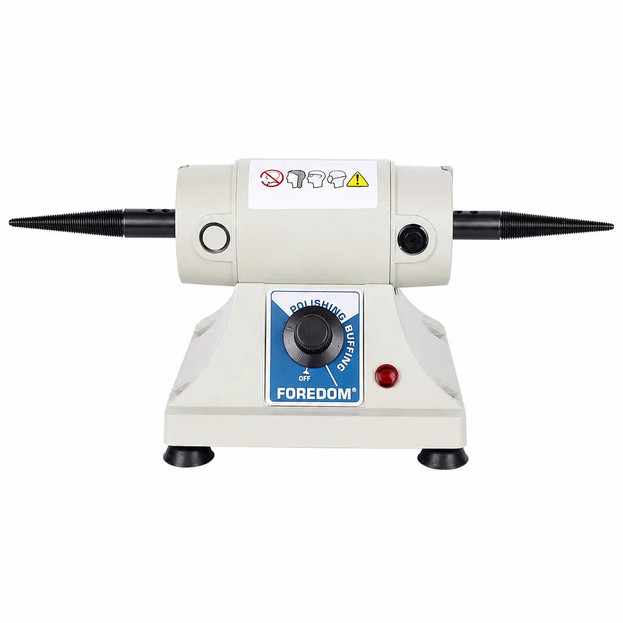 Dual-spindle bench polisher 180W complete product on white background showing tapered spindles and front speed control dial