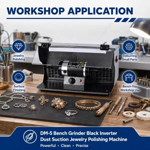 Bench polisher in workshop setting with jewelry pieces, showing applications including jewelry polishing, surface finishing, deburring small parts, and bench-top workshop use