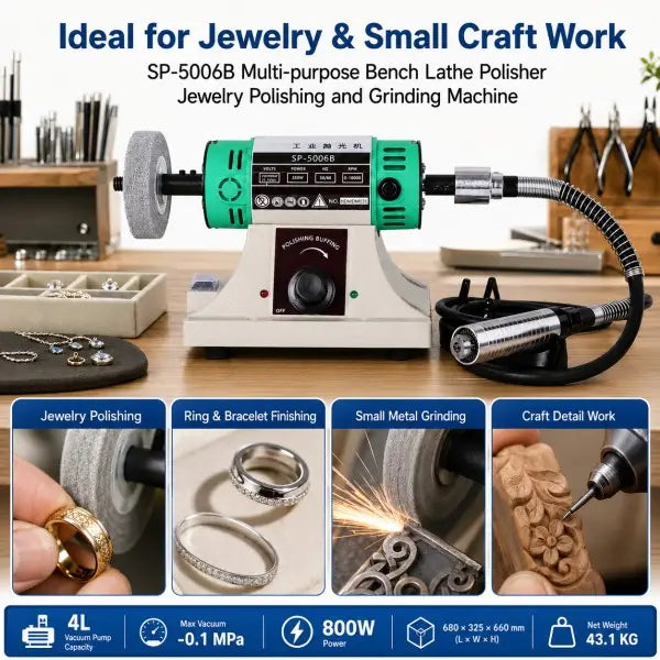 SP-5006B bench lathe polisher on jewelry workbench showing applications for jewelry polishing ring and bracelet finishing small metal grinding and craft detail work