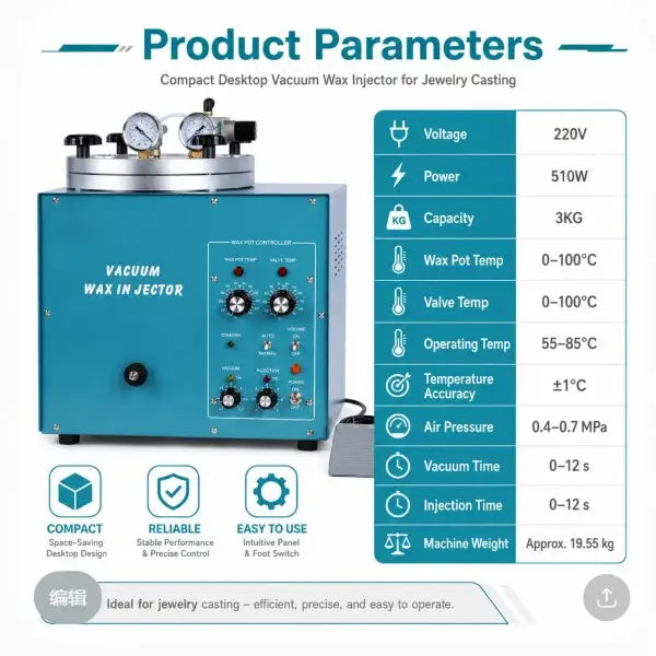 Jewelry Vacuum Wax Injector product parameters showing voltage 220V, power 510W, capacity 3KG, wax pot temp 0-100 degrees C, valve temp 0-100 degrees C, operating temp 55-85 degrees C, temperature accuracy plus or minus 1 degree C, air pressure 0.4-0.7MPa, vacuum time 0-12s, injection time 0-12s, and machine weight approximately 19.55kg