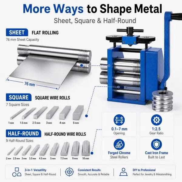 3-in-1 Manual Jewellery Rolling Mill feature overview showing flat sheet rolling 76mm capacity, 7 square wire sizes 1-6mm, 9 half-round wire sizes 2-10mm, 0.1-7mm opening range, 1:2.5 gear ratio, forged chrome steel rollers, and cast iron frame