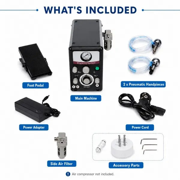 What's included with the pneumatic engraving machine: main machine, foot pedal, 2 pneumatic handpieces, power adapter, power cord, side air filter, and accessory parts
