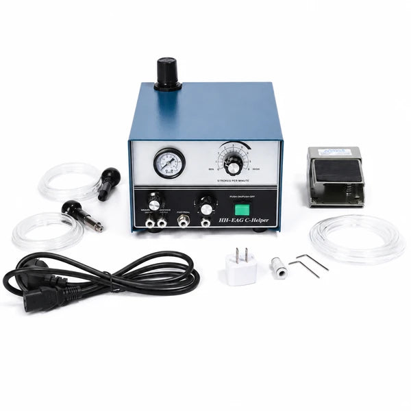 HH-E04 G-Helper double-head pneumatic jewelry engraving machine set with foot pedal, two handpieces, hose, and accessories on white background, showing 0-60 PSI and 0-8000 RPM specs