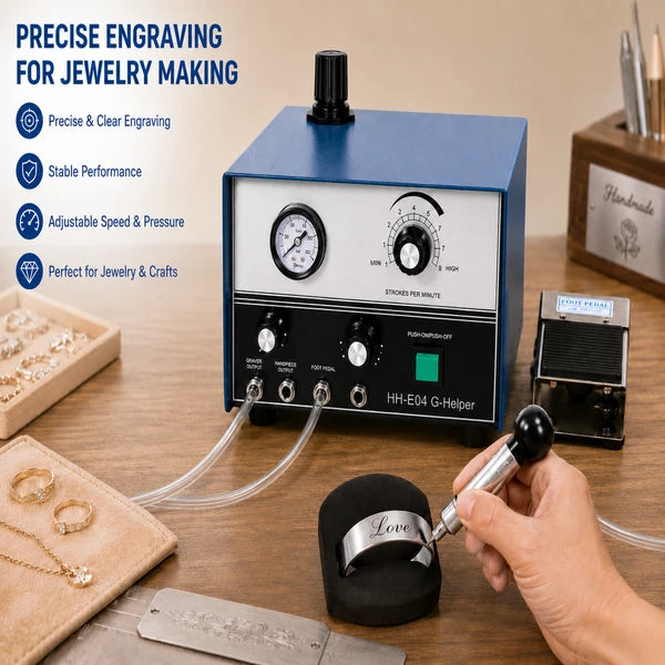 HH-E04 pneumatic engraver what's included layout showing main unit, two pneumatic tubes, two handles, user manual, power converter, three allen wrenches, power cord, and foot pedal