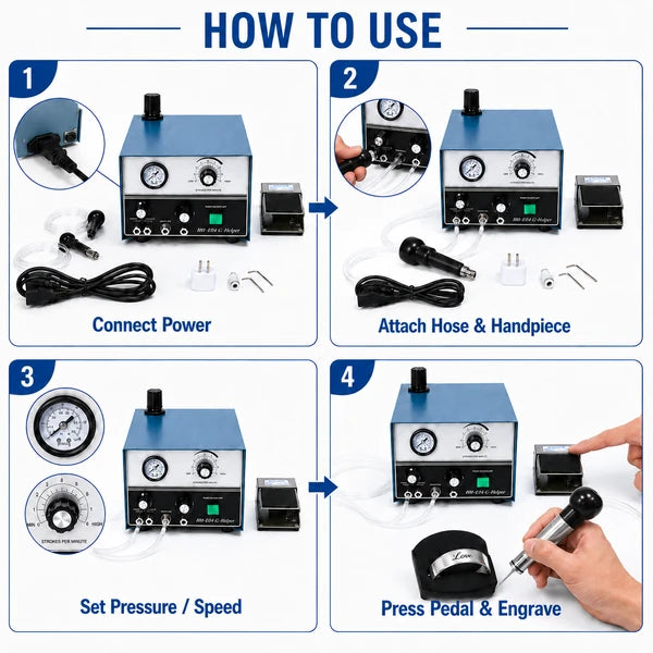 HH-E04 G-Helper pneumatic jewelry engraving machine in use on a workbench, engraving a metal bracelet with handpiece, foot pedal visible, jewelry pieces nearby