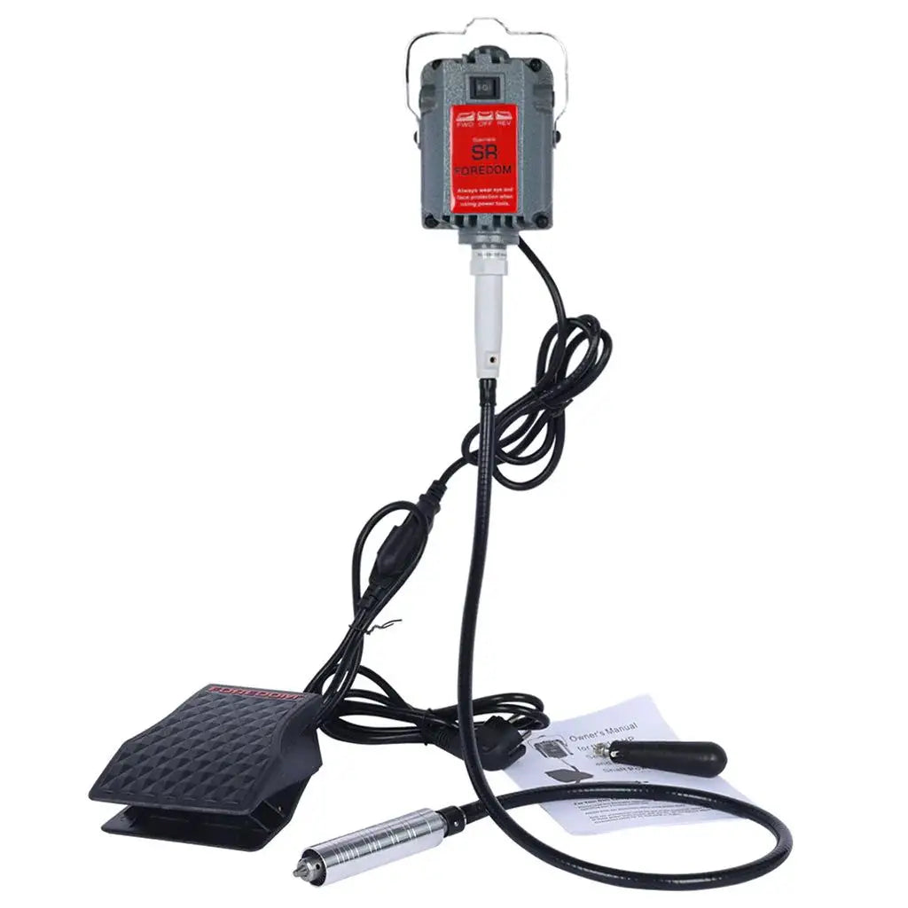 Flex shaft rotary tool complete set showing SR hang-up motor, 100cm flexible shaft, handpiece, ABS foot pedal, chuck key, and instruction manual on white background
