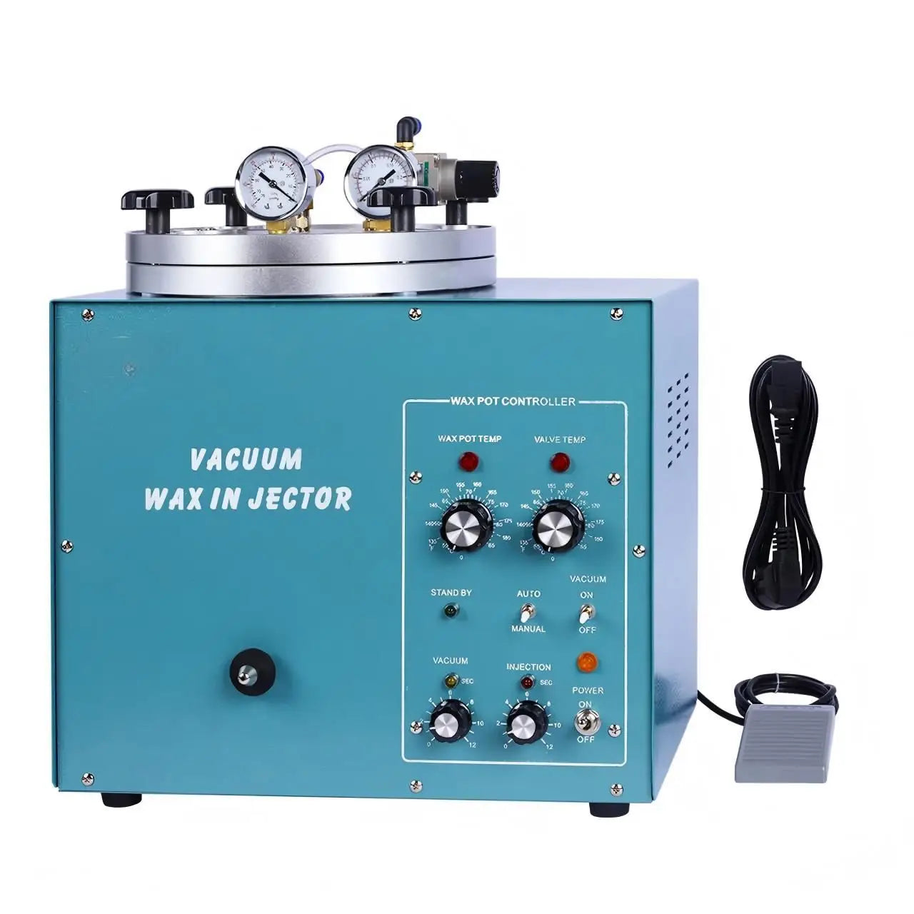 3KG jewelry vacuum wax injector machine front view on white background with foot pedal and power cord, showing wax pot controller panel, dual pressure gauges and wax pot lid on top