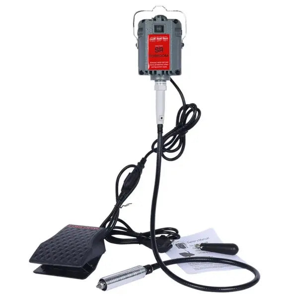 Hang-Up Flex Shaft Rotary Tool 230W with flexible shaft, handpiece, and ABS foot pedal, shown as a complete bench setup ready for jewelry polishing and engraving