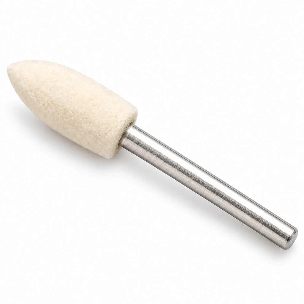 Mounted white wool felt polishing point with metal shank on a white background