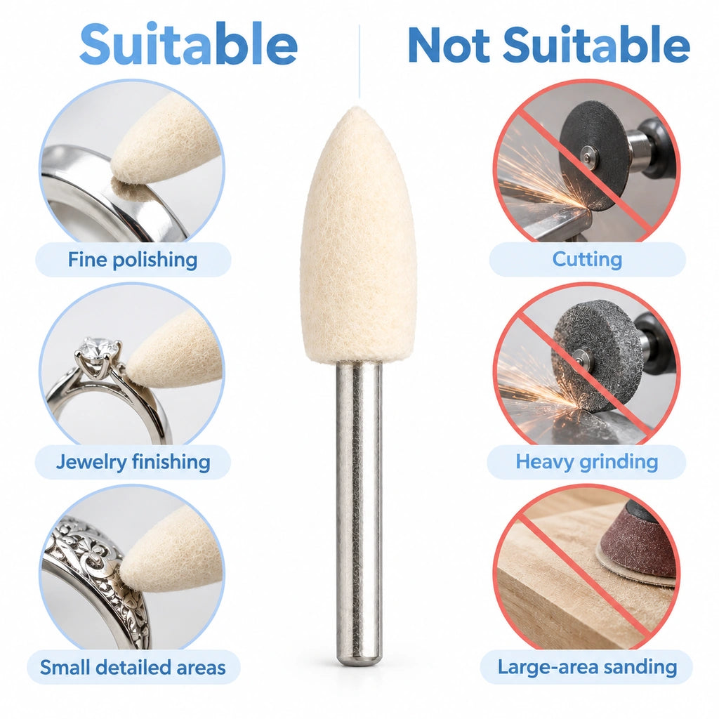 Suitable applications graphic for a bullet-shaped wool felt polishing point