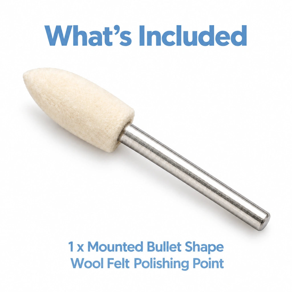 What's-included graphic showing a bullet-shaped wool felt polishing point