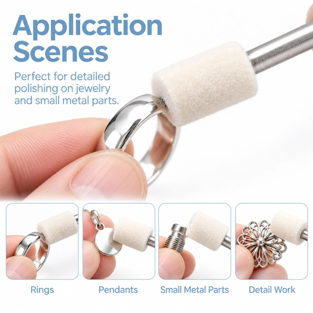 Applications graphic showing a cylindrical wool felt polishing point