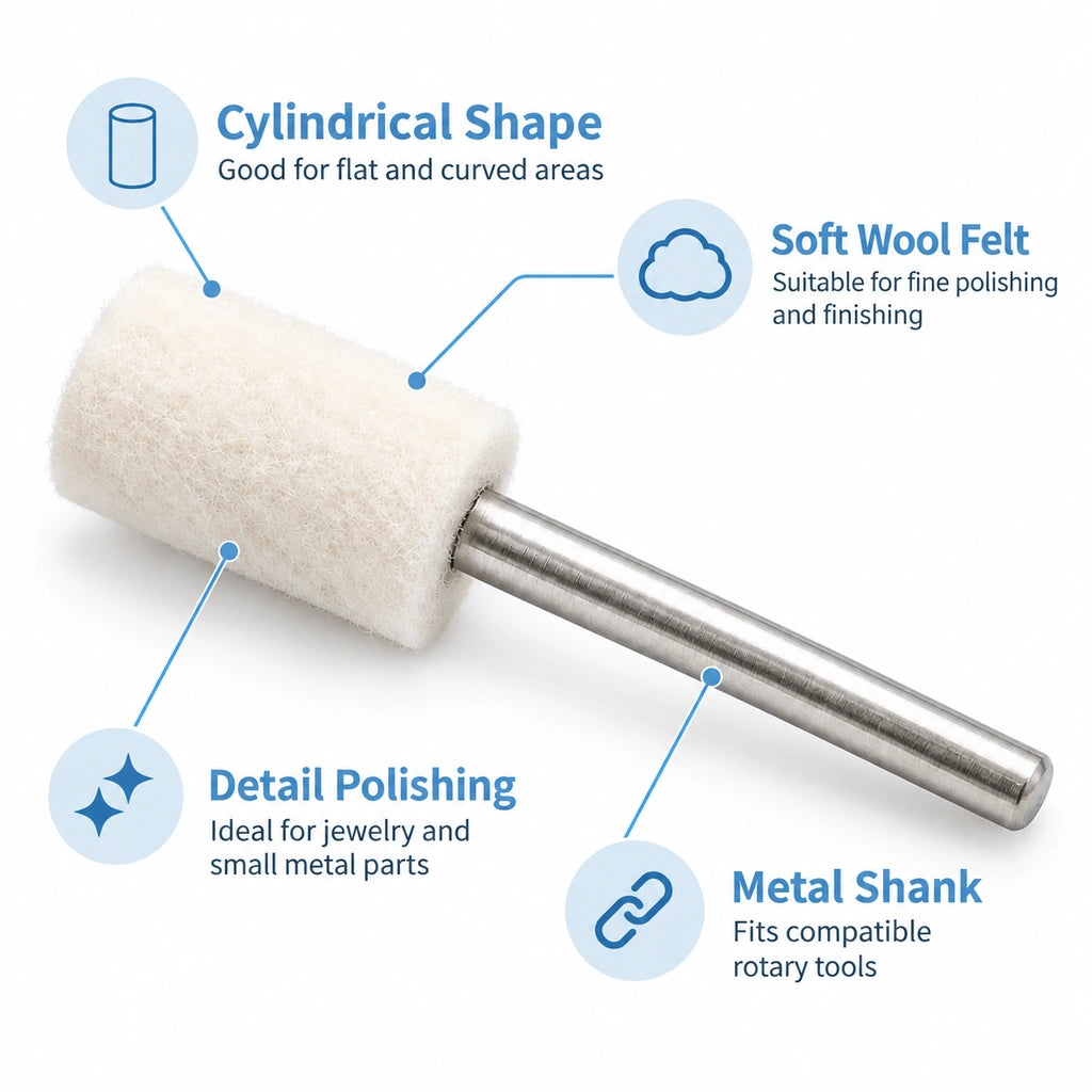 Cylindrical wool felt polishing point product features graphic