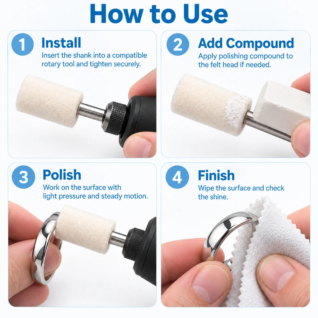 How-to-use graphic for a cylindrical wool felt polishing point
