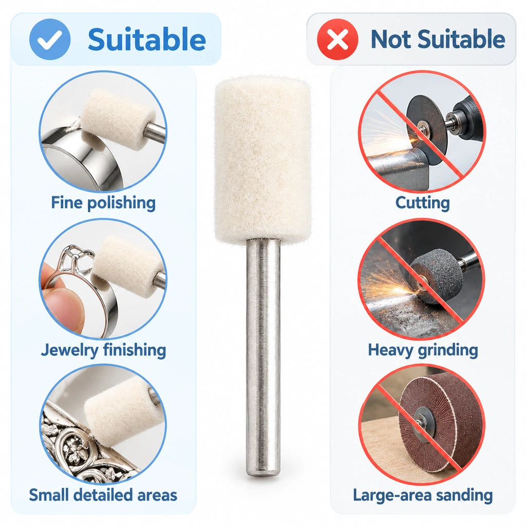 Suitable applications graphic for a cylindrical wool felt polishing point