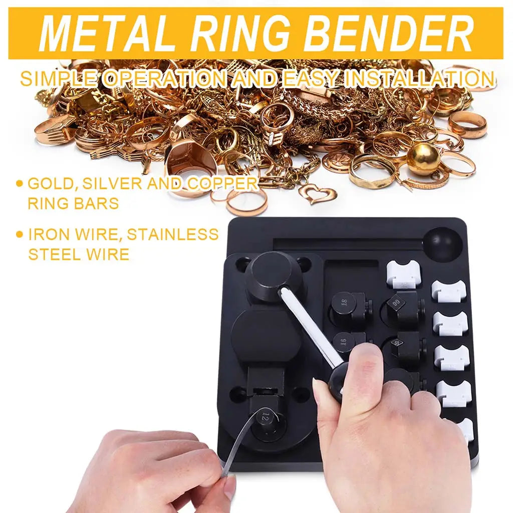Metal ring bender in use with hands operating the lever to bend metal strip, with callouts for compatible materials including gold, silver, copper ring bars and iron wire