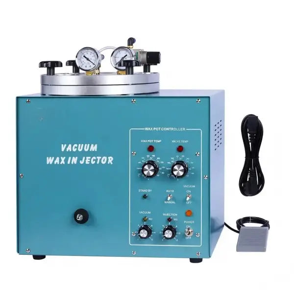 Jewelry Vacuum Wax Injector Machine with blue steel body, dual pressure gauges, wax pot controller panel, foot pedal, and power cord, shown on white background