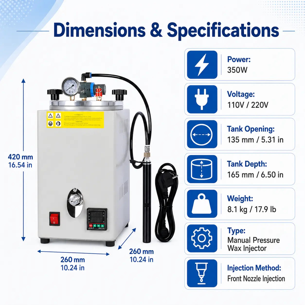 Digital jewelry wax injection machine dimensions and specifications: 260x260x420mm, 8.1kg, 350W, 110V or 220V, 135mm tank opening, front nozzle injection