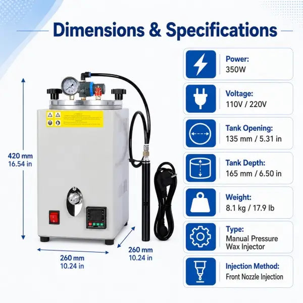 Digital Jewelry Wax Injection Machine dimensions and specifications showing 260x260x420mm, power 350W, voltage 110V/220V, tank opening 135mm/5.31in, tank depth 165mm/6.50in, weight 8.1kg/17.9lb, manual pressure type, and front nozzle injection method