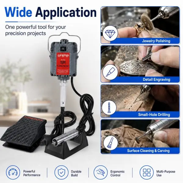 Hang-Up Flex Shaft Rotary Tool wide application overview showing jewelry polishing, detail engraving, small-hole drilling, and surface cleaning and carving, with foot pedal and handpiece on a bench stand