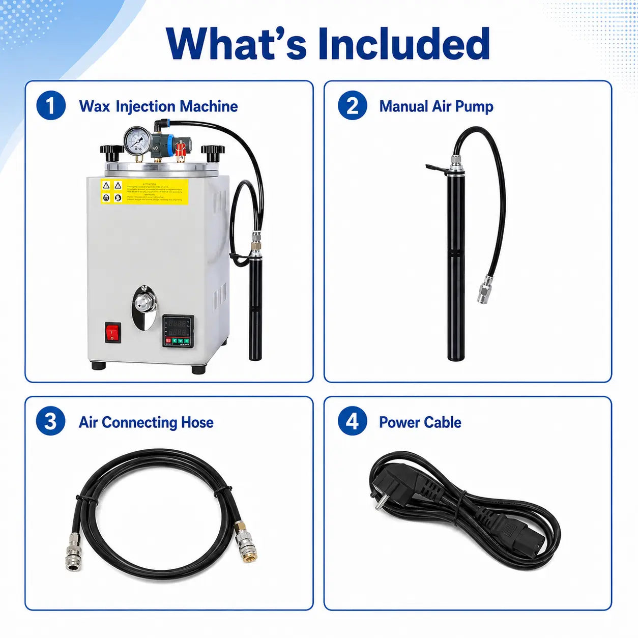 Digital jewelry wax injection machine package contents: machine, manual air pump, air connecting hose and power cable