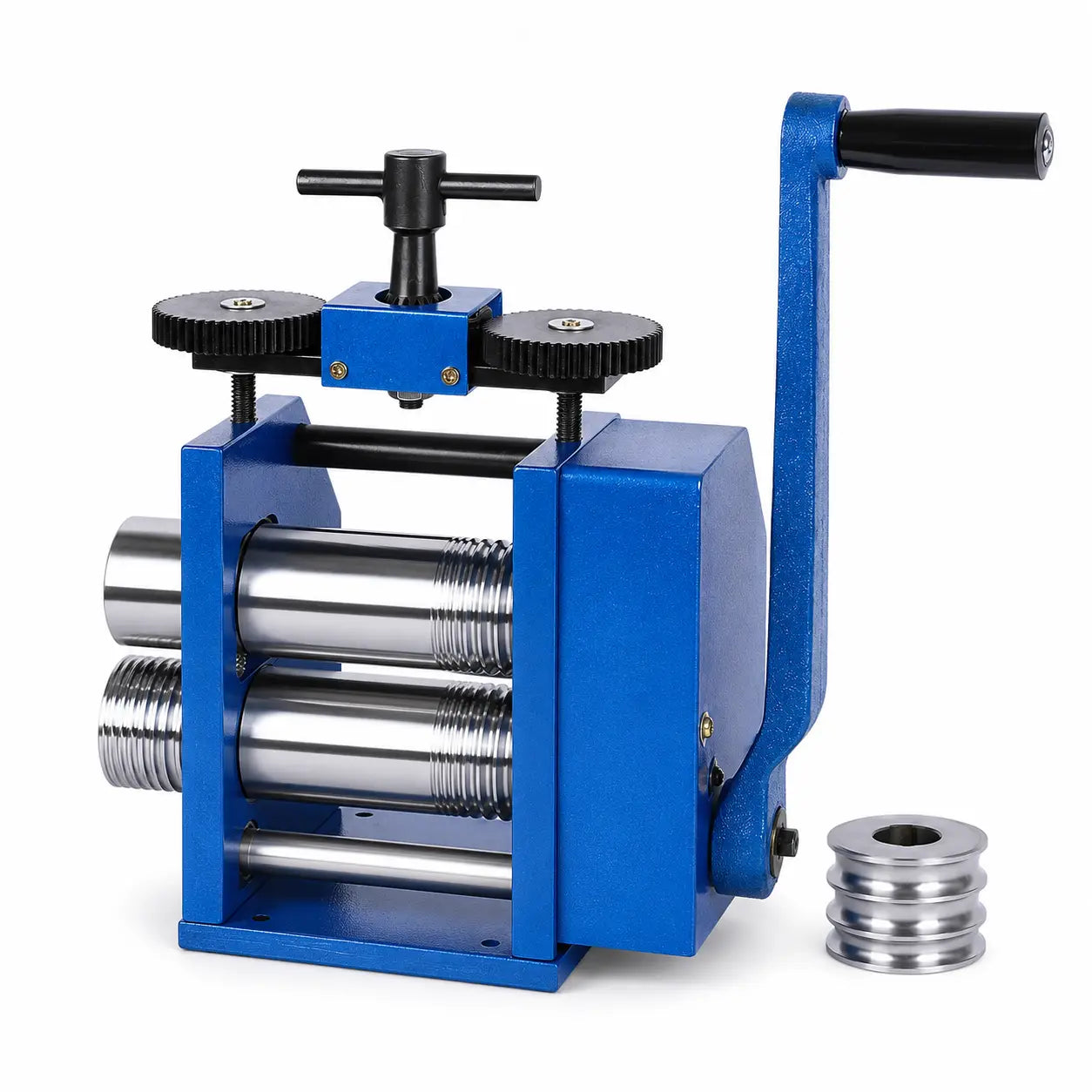 3-in-1 Manual Jewellery Rolling Mill with chrome steel rollers, T-bar adjustment, side crank handle and half-round replacement roller — blue cast iron frame
