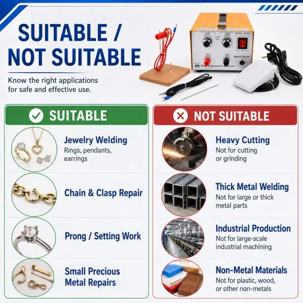 30A Pulse Jewelry Spot Welder suitable and not suitable use cases showing compatible precious metals and applications versus unsupported materials and tasks