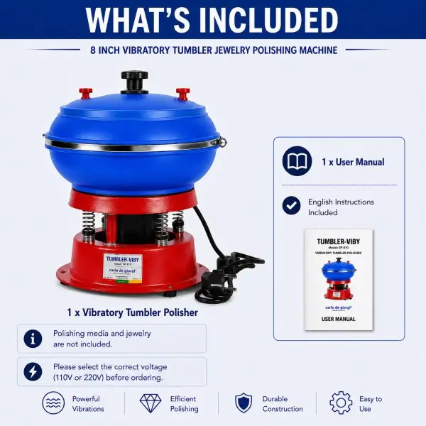 What's included with the 8-inch vibratory tumbler polisher: machine unit and user manual, with voltage selection reminder