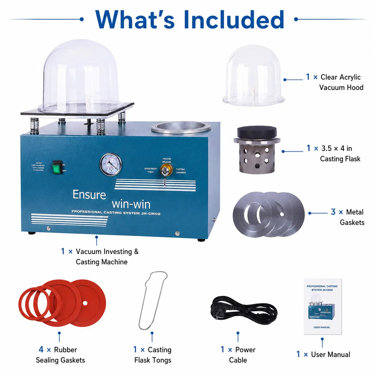 4L vacuum investing and casting machine package contents including acrylic hood, casting flask, metal gaskets, rubber gaskets, tongs, power cable and user manual
