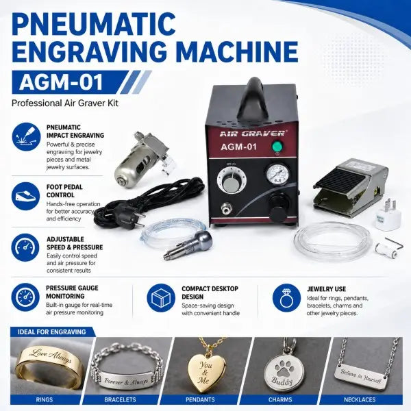 AGM-01 pneumatic engraving machine kit features: pneumatic impact engraving, foot pedal control, adjustable speed and pressure, pressure gauge monitoring, compact desktop design — ideal for rings, bracelets, pendants, charms, and necklaces