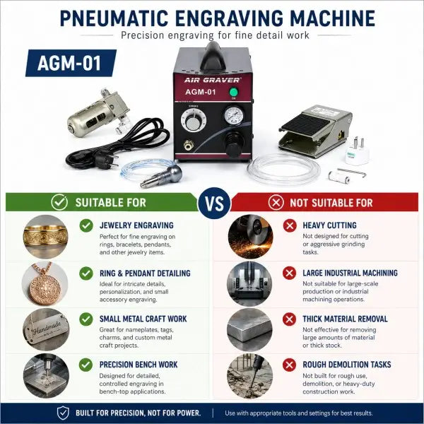 AGM-01 suitable and not suitable applications: jewelry engraving, ring and pendant detailing, small metal craft work, precision bench work suitable; heavy cutting, large industrial machining, thick material removal, rough demolition not suitable