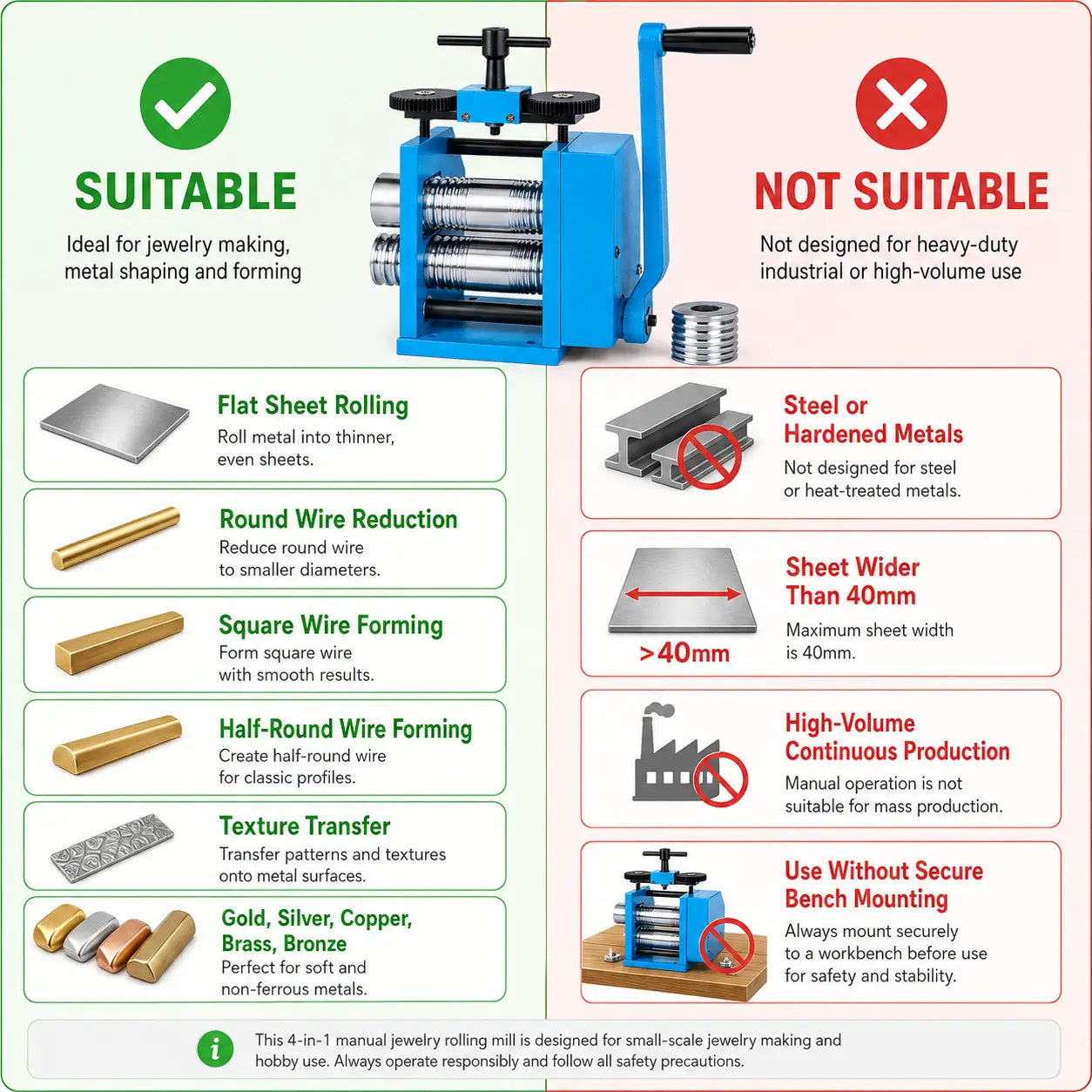 Jewellery rolling mill suitable and not suitable use guide: suitable for flat sheet rolling, round wire reduction, square wire forming, half-round wire forming, texture transfer and non-ferrous metals; not suitable for steel, sheets wider than 40mm or high-volume production