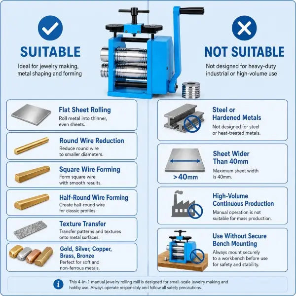 4-in-1 Manual Jewellery Rolling Mill suitable and not suitable comparison: suitable for flat sheet rolling, round wire reduction, square wire forming, half-round wire forming, texture transfer, and gold, silver, copper, brass, and bronze; not suitable for steel or hardened metals, sheet wider than 40mm, high-volume continuous production, or use without secure bench mounting