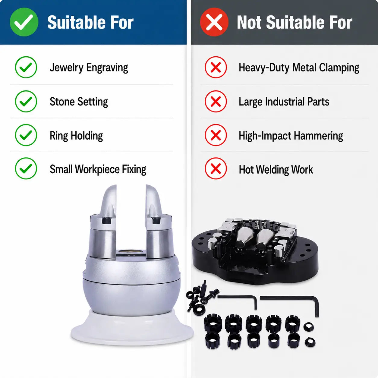 Musttool 3-inch ball vise suitable for jewelry engraving, stone setting, ring holding, and small workpiece fixing; not suitable for heavy-duty metal clamping, large industrial parts, high-impact hammering, or hot welding work
