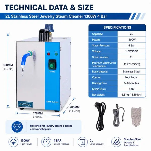 2L Jewelry Steam Cleaner technical data and dimensions - 178x285x350mm, 1300W, 4 bar, 135°C steam temperature, 6.3kg net weight, 110V/220V