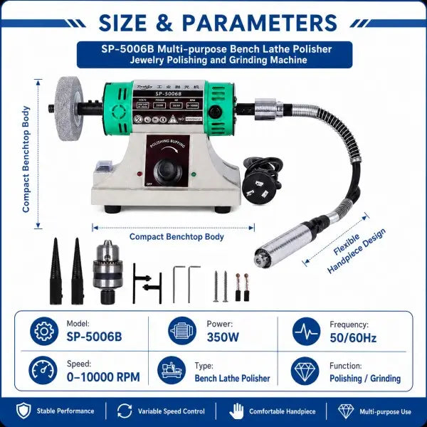 SP-5006B bench lathe polisher size and parameters infographic showing compact benchtop body 350W power 0-10000 RPM speed 50/60Hz frequency and flexible handpiece design